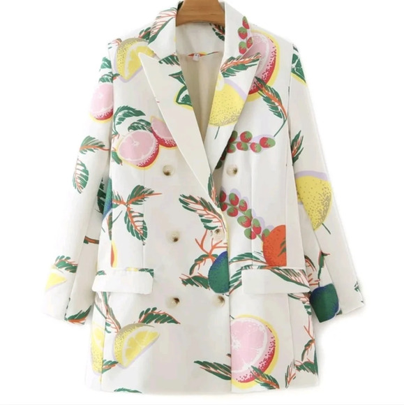 Fruit Print Lapel Collar Double Breasted Blazer